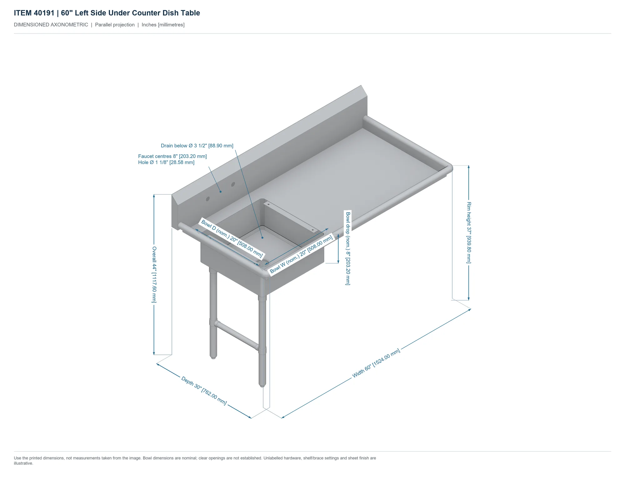 60″ Left Side Under Counter Dish Table