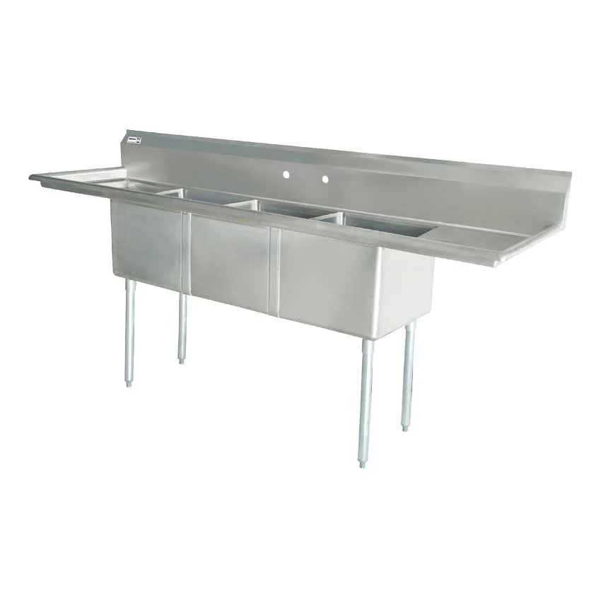 90″ x 23 1/2″ x 44″ Overall (18″ x 18″ x 11″ Tub) 18-gauge stainless steel Three Tub Sink with 1.8″ Corner Drain and Two Drainboards