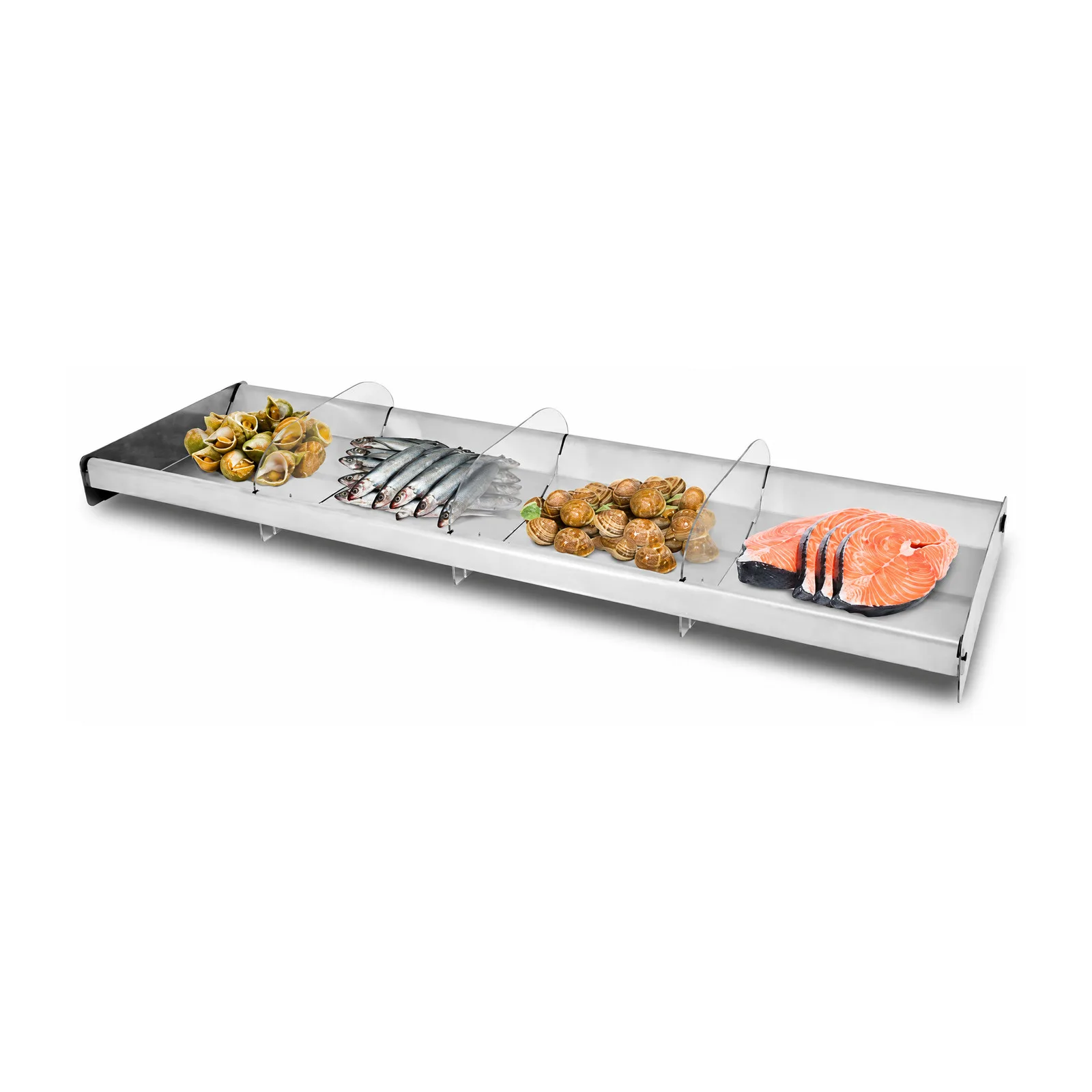 28.5″ x 8.75″ x 2″ Reversible Stainless Steel Tray with Clear Dividers