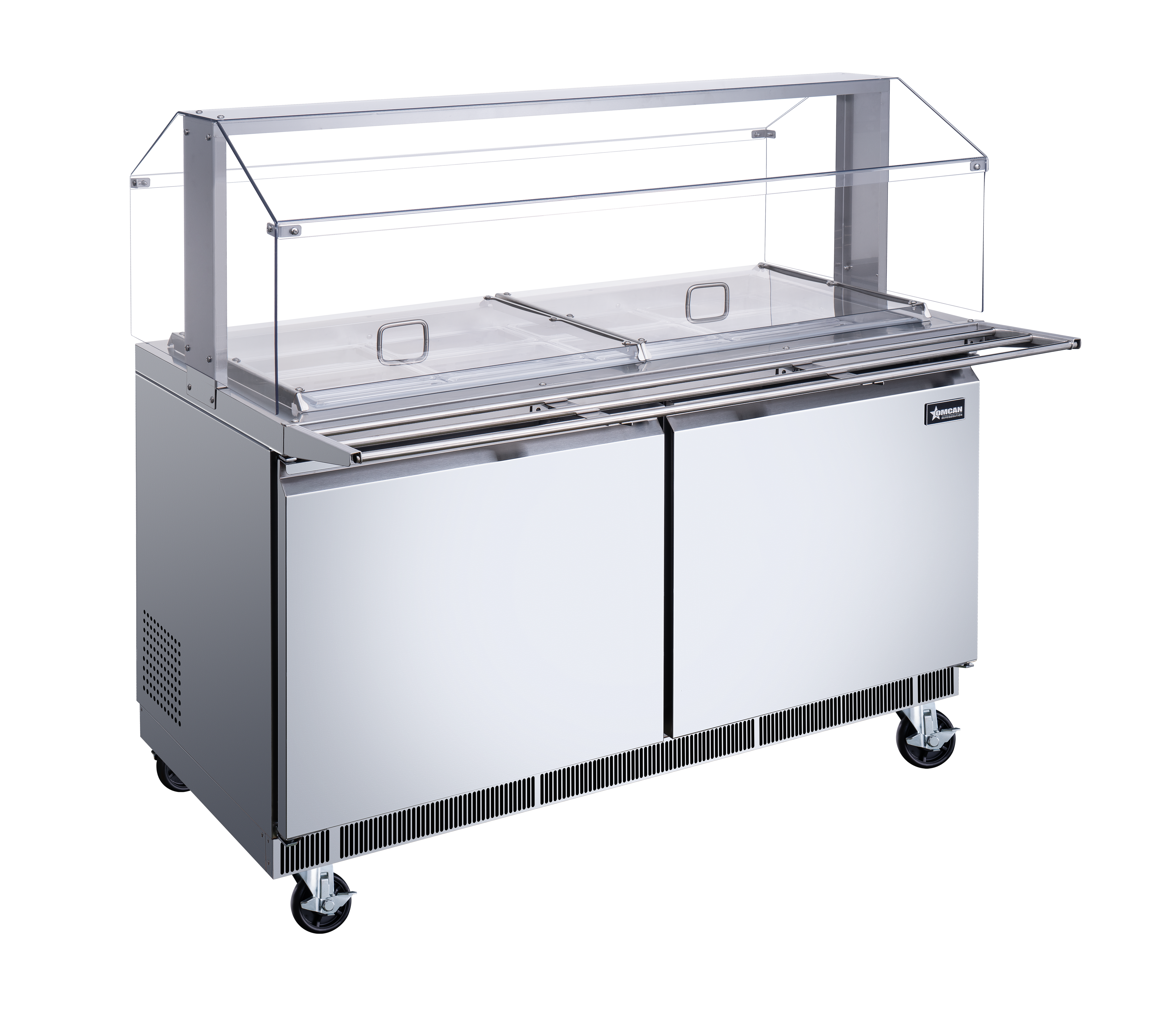 60″ Stainless Steel Refrigerated Salad Bar / Cold Food Table with Sneeze Guard, Tray Slide and Pan Covers