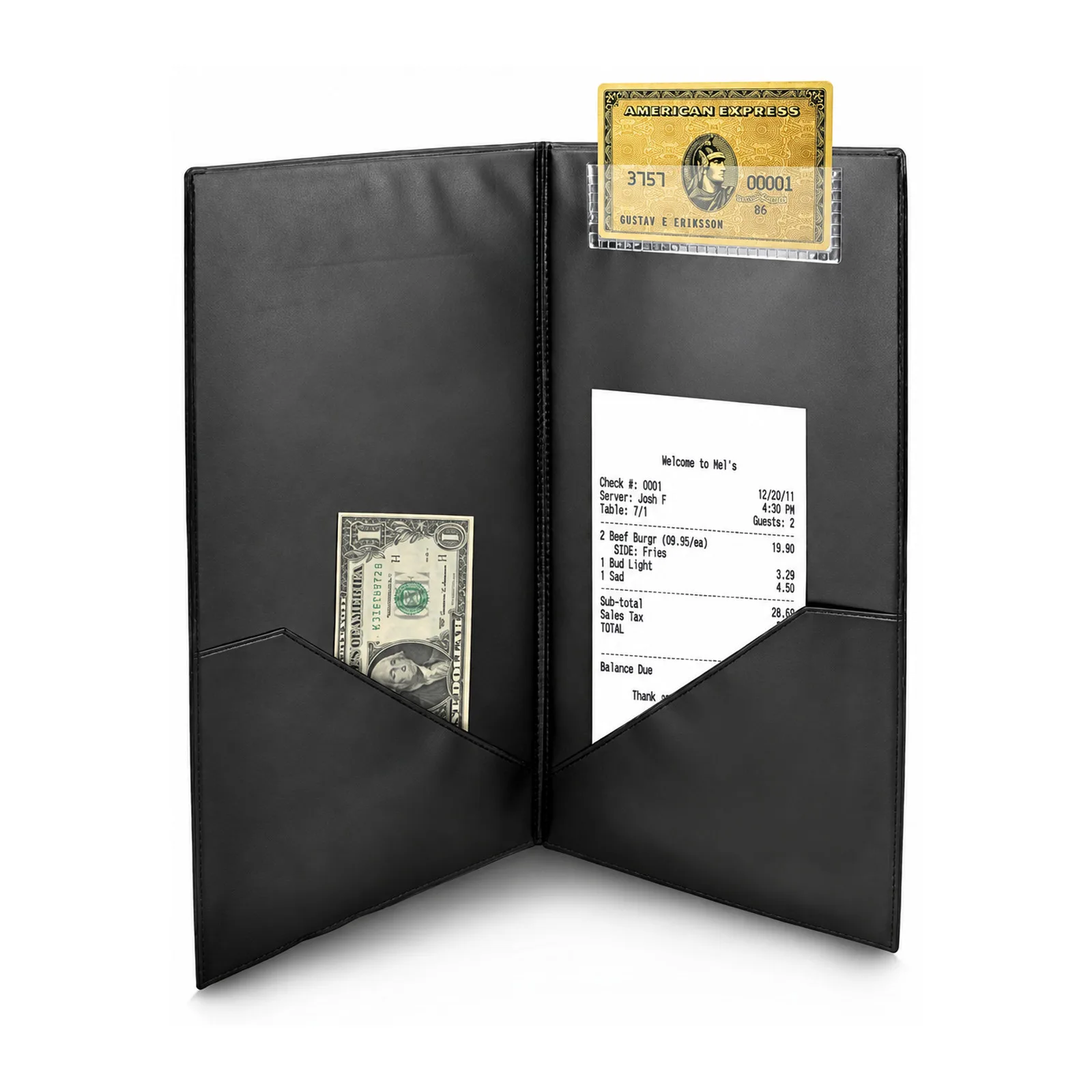 Bill Holder with Credit Card Receptacle with embossed 'Thank You' golden imprint, Black
