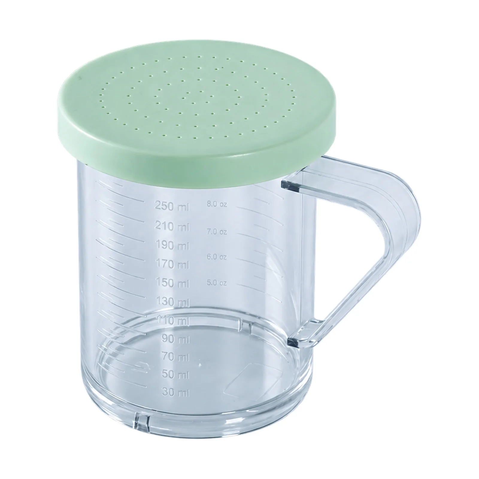 10 oz Polycarbonate Dredge with Green Lid & 0.6 mm Hole for Finely Ground Products NSF