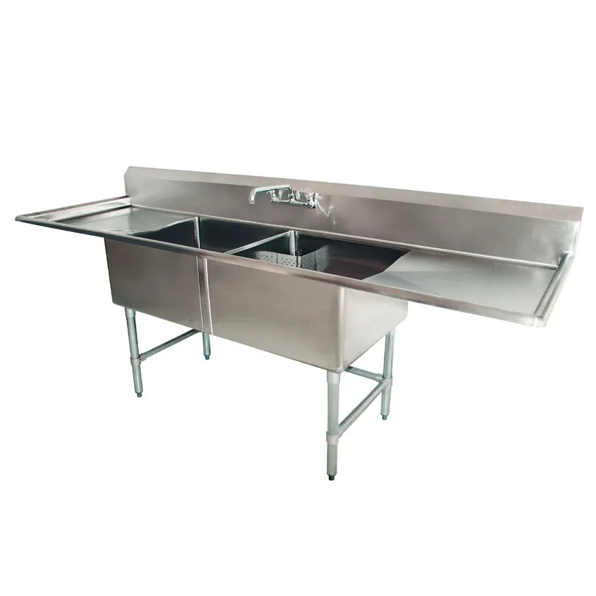 72″ x 26 1/2″ x 44″ Overall (18″ x 21″ x 14″ Tub) vTwo Tub Sink with 1.8″ Corner Drain and Two Drainboards