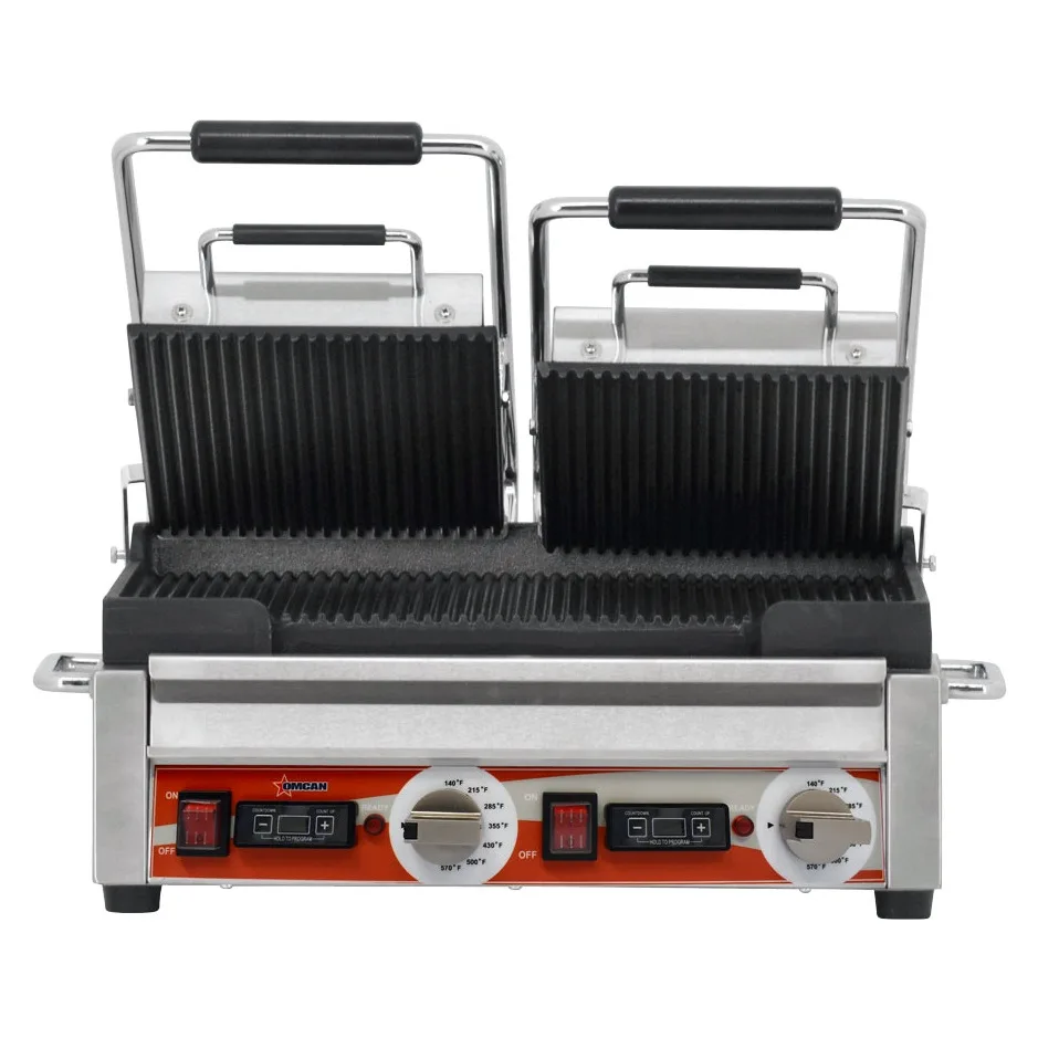 Double Panini Grill with Grooved Plates and Timer – 10″ x 18″ Cooking Surface – 220 V, 3200 W