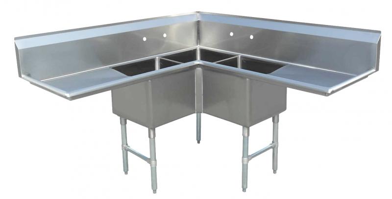 Three Compartment Corner Sink with Two Drainboards and 3.5″ Center Drain – Tub Size 18″ x 18″ x 14″