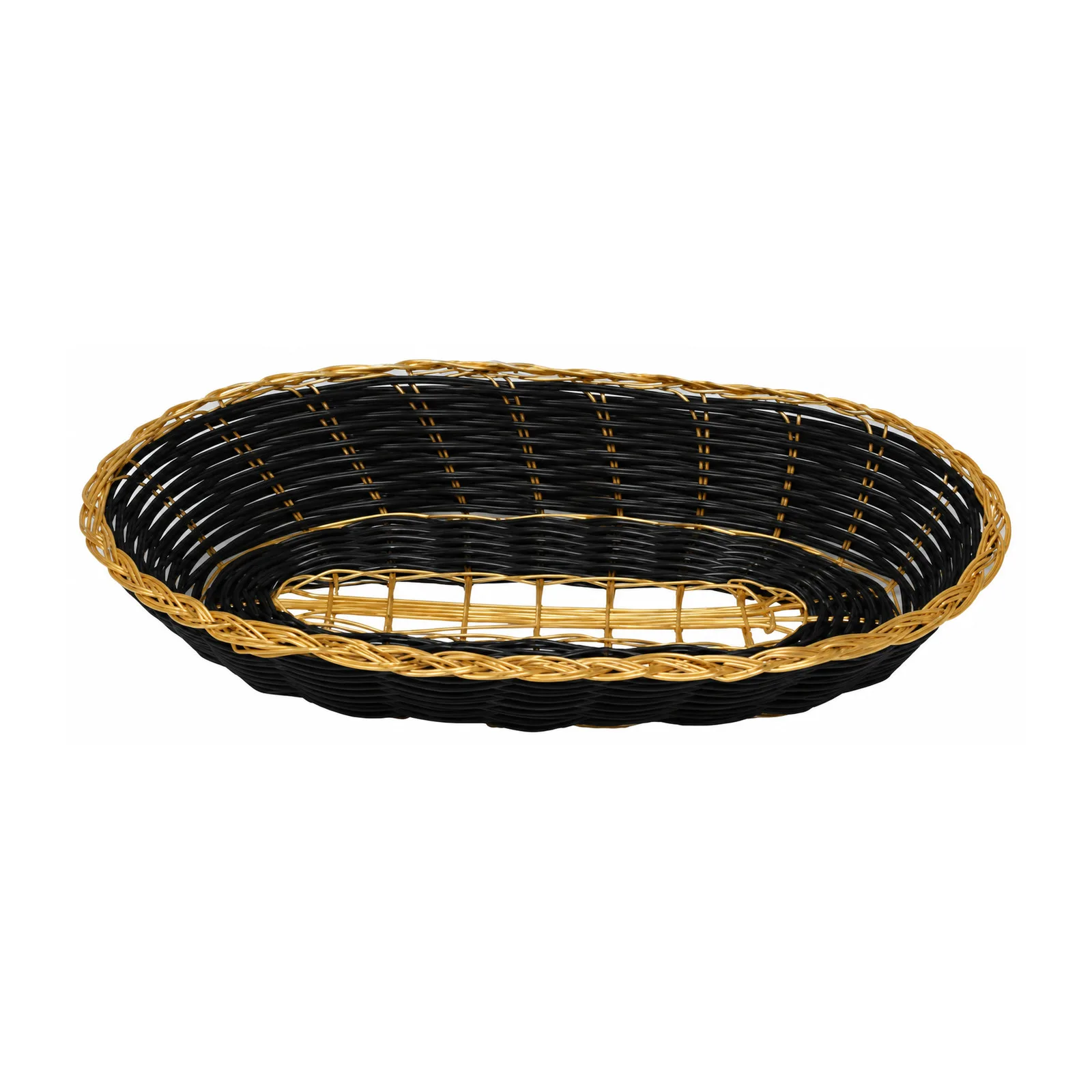 Long Oval Black Woven Basket with Golden Trim 9″ x 4.25″ x 2″