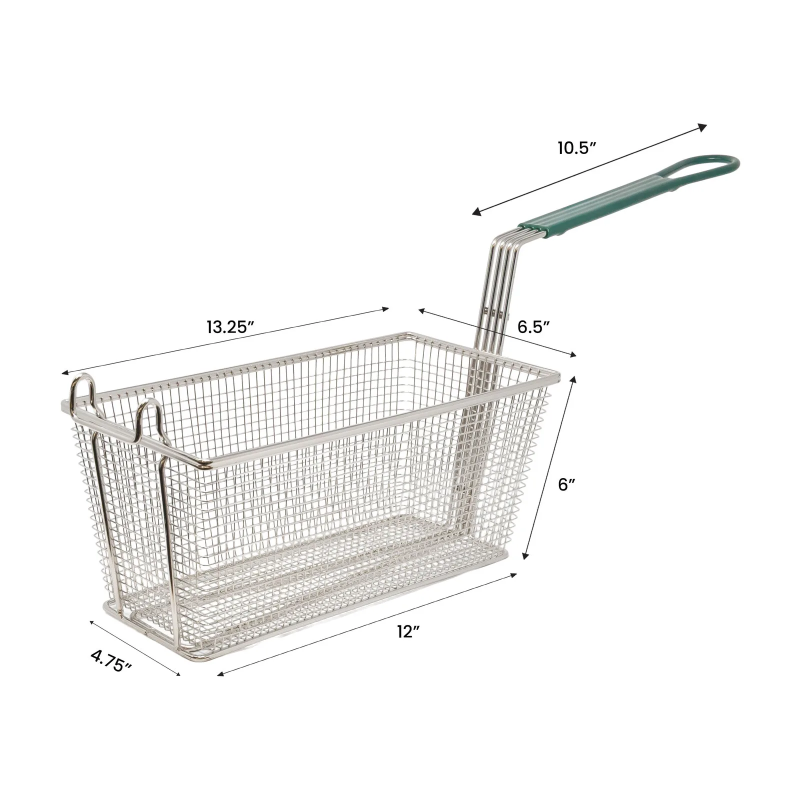13 1/4″ x 6 1/2″ x 6″ Nickel-Plated Iron Fryer Basket with Green Handle