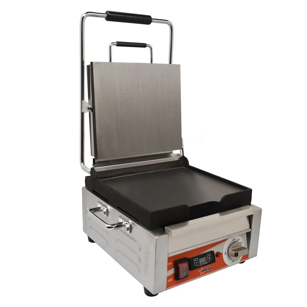 Single Panini Grill with Smooth Plates and Timer – 10″ x 11″ Cooking Surface – 120 V, 1800 W