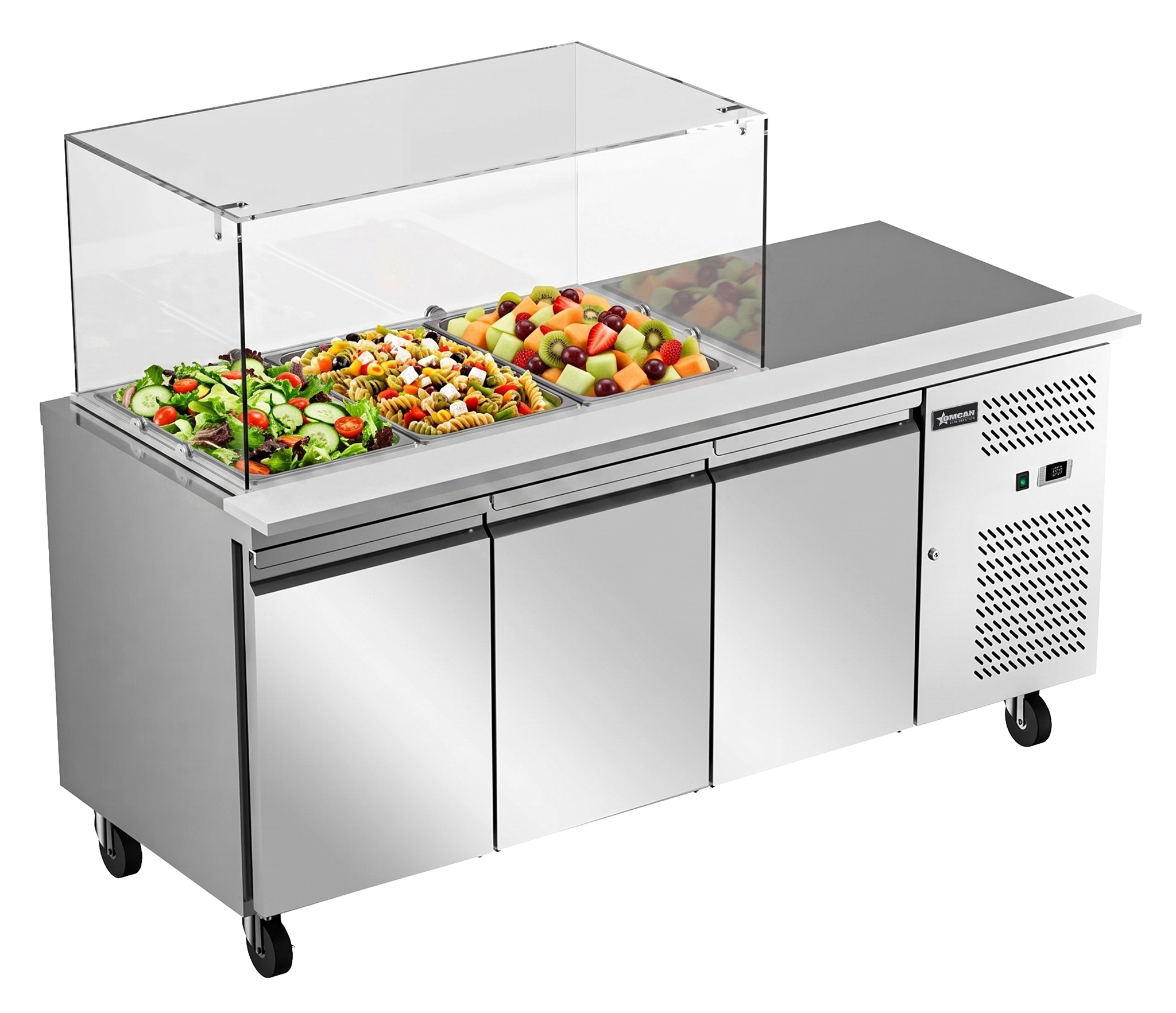 71” Refrigerated Salad Prep Table with 3 Doors and Square Sneeze Guard - 110 V/60 Hz/1 Ph