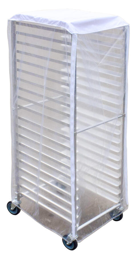 24″ x 28″ x 62″ PVC-Nylon Pan Rack Cover with Transparent Sides, White Top and Three Zippers