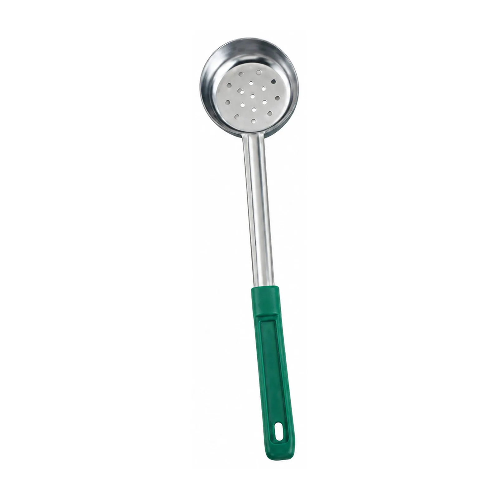 4 oz One-Piece Stainless Steel Perforated Portion Control Spoon with Green Handle