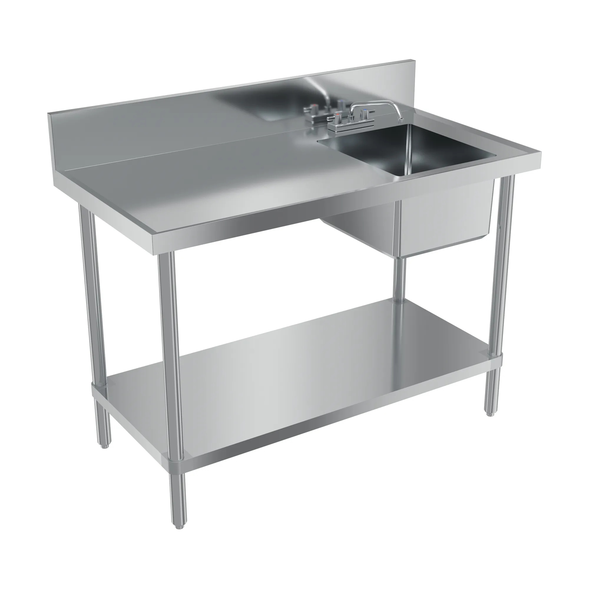 24″ x 48″ 18 Gauge 430 All Stainless Steel Table with Right Sink and 6″ Backsplash