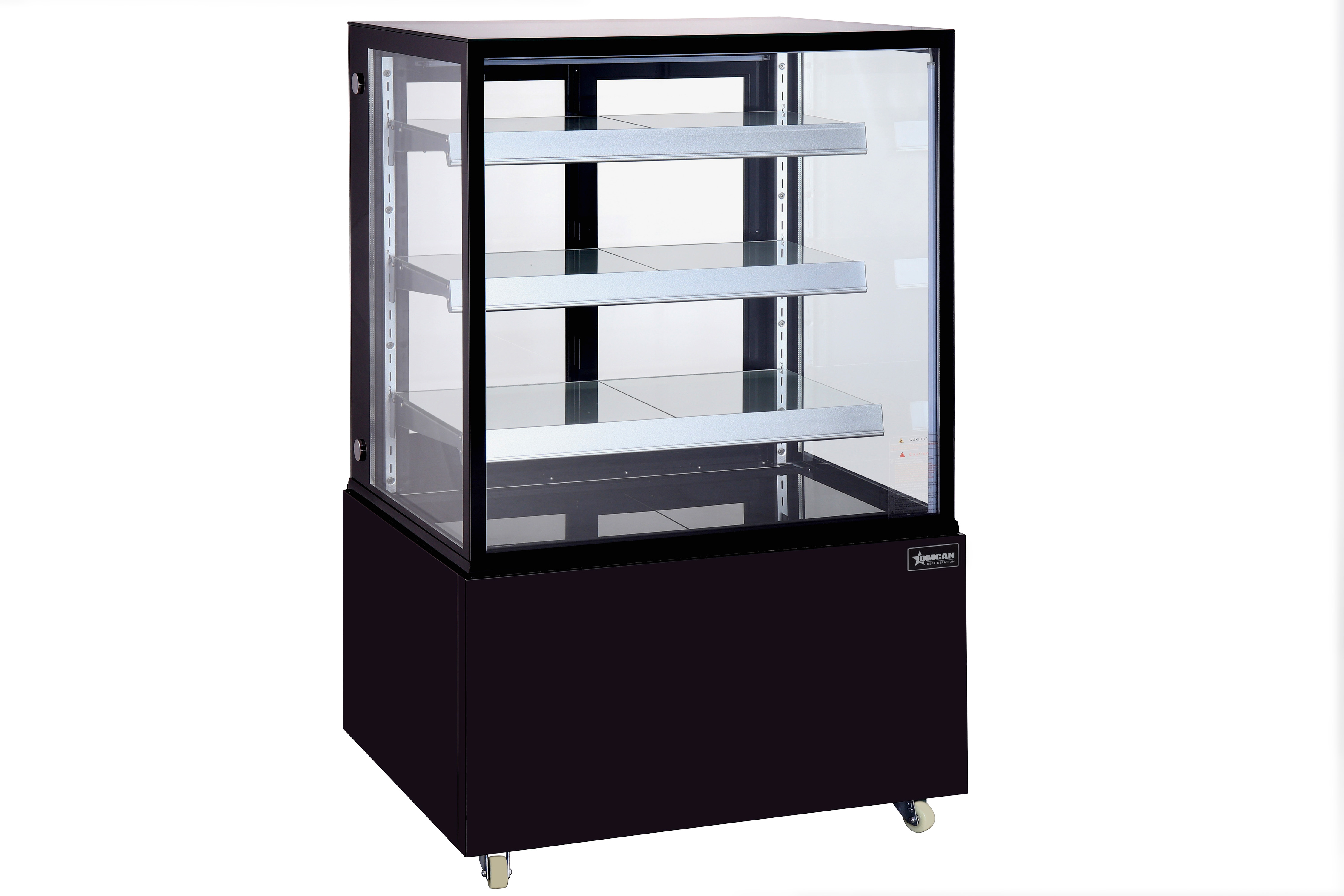 36″ Three (3) Shelf Square Glass Floor Refrigerated Display Case, 13.77 cu.ft (390 L), Stainless Steel, Black