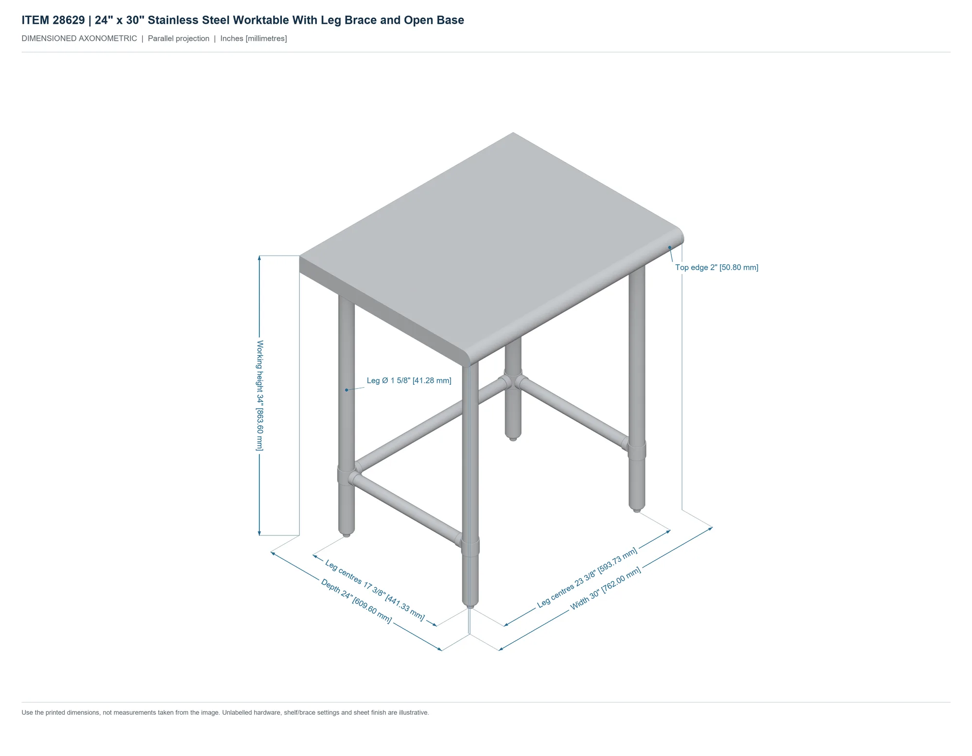 24″ x 30″ Stainless Steel Worktable With Leg Brace and Open Base