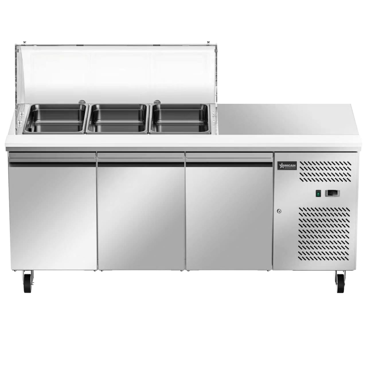 71” Refrigerated Salad Prep Table with 3 Doors and Curved Sneeze Guard - 110 V/60 Hz/1 Ph