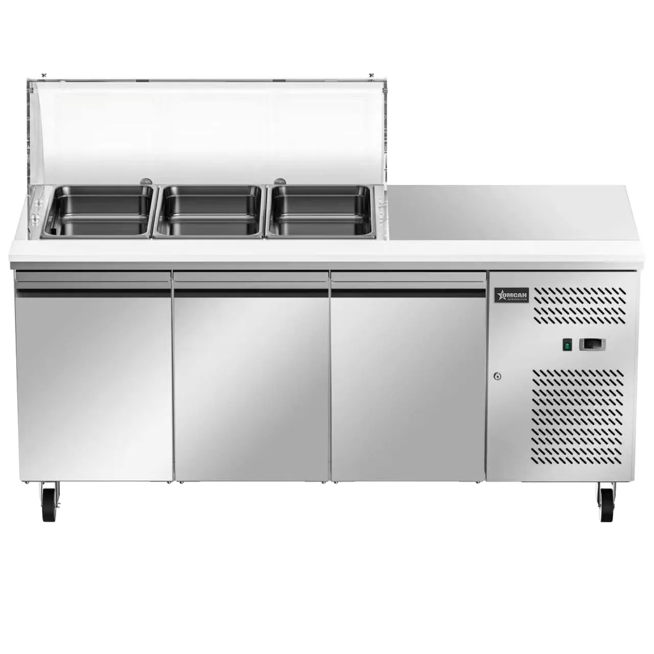 71″ Refrigerated Salad Prep Table with 3 Doors and Curved Sneeze Guard – 110 V/60 Hz/1 Ph