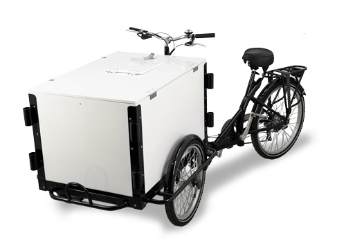 Front Load Ice-Cream Bike / Cargo Bike with Non-Insulated White Wooden Box and Vending Lid – Black