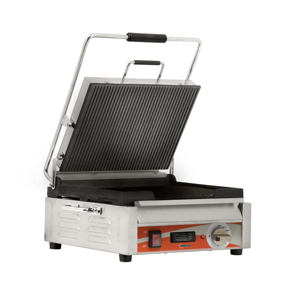 Single Panini Grill with Grooved Plates and Timer – 12″ x 15″ Cooking Surface – 120V, 1800W