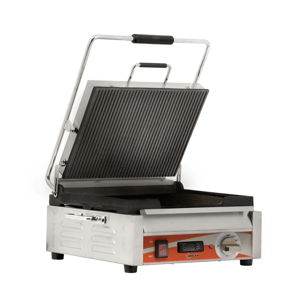 Single Panini Grill with Grooved Plates and Timer – 12″ x 15″ Cooking Surface – 120 V, 1800 W