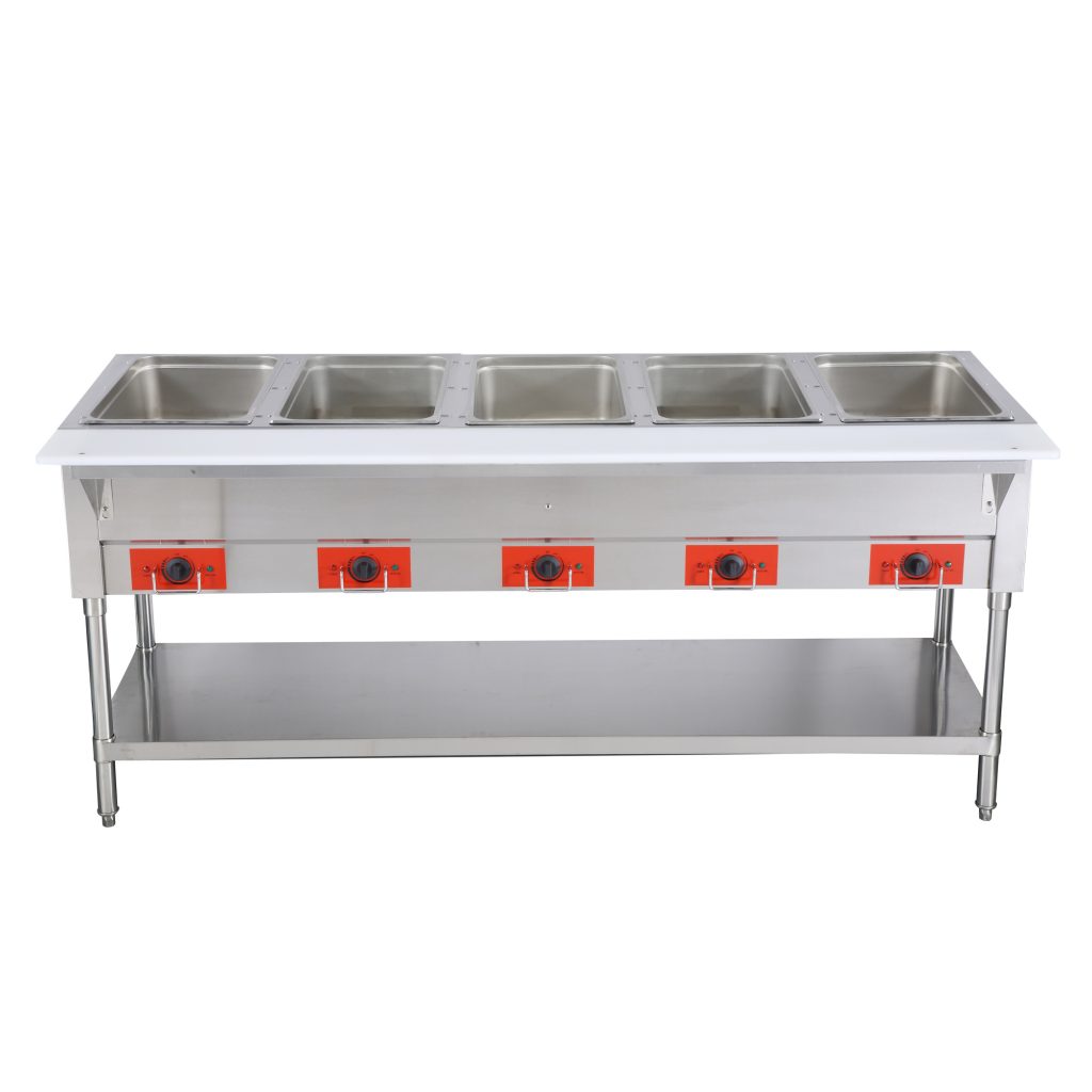 Five-Pan Electric Hot Food Table with Cutting Board and Undershelf