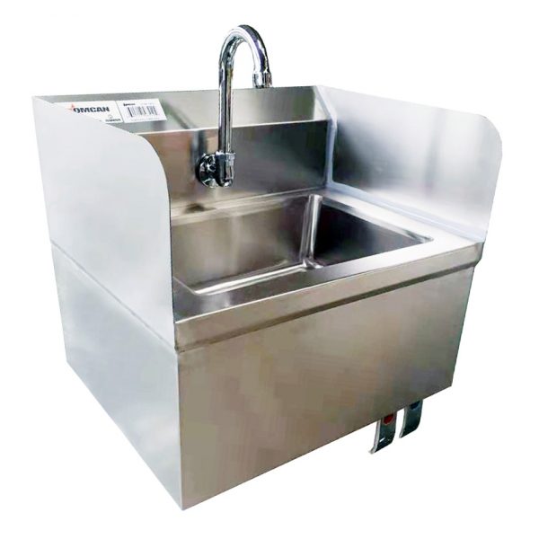 Fabricated Hand Sink with Knee Valve Assembly and Side Splashes – Omcan