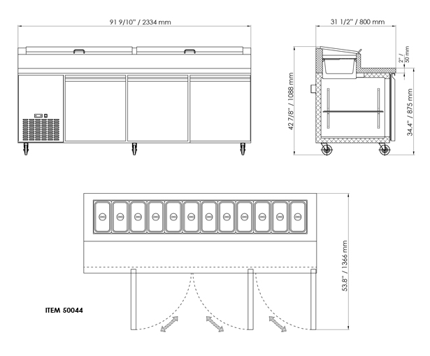 92-inch Refrigerated Pizza Prep Table with 3 Doors - jfinefoods